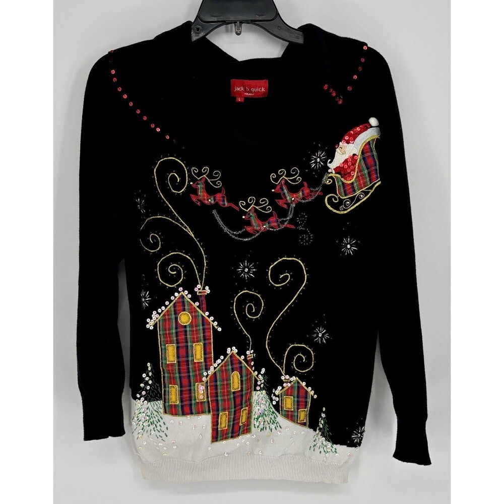 Jack B Quick Christmas Sweater Womens L Santa Sleigh Plaid Sequin Beaded Black